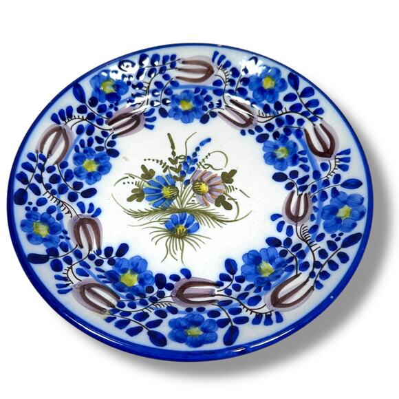 Vintage Hand Painted Italian Antique Plate 9" Blue White Floral Wall Hanging - Picture 1 of 8